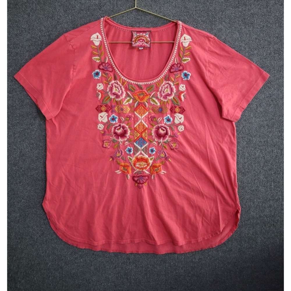 Johnny Was Shirt Women XL Pink Bohemian Embroidered Floral Blouse Scalloped EUC